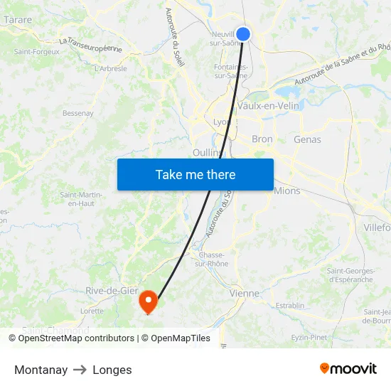 Montanay to Longes map