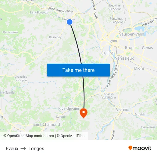 Éveux to Longes map