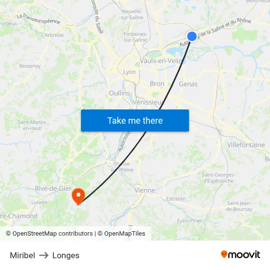 Miribel to Longes map