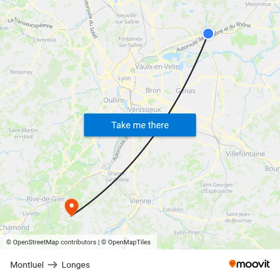 Montluel to Longes map