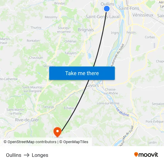 Oullins to Longes map