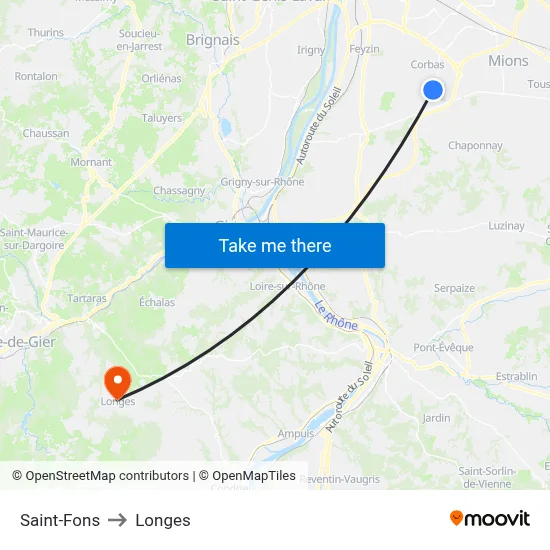 Saint-Fons to Longes map