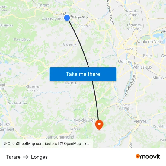 Tarare to Longes map