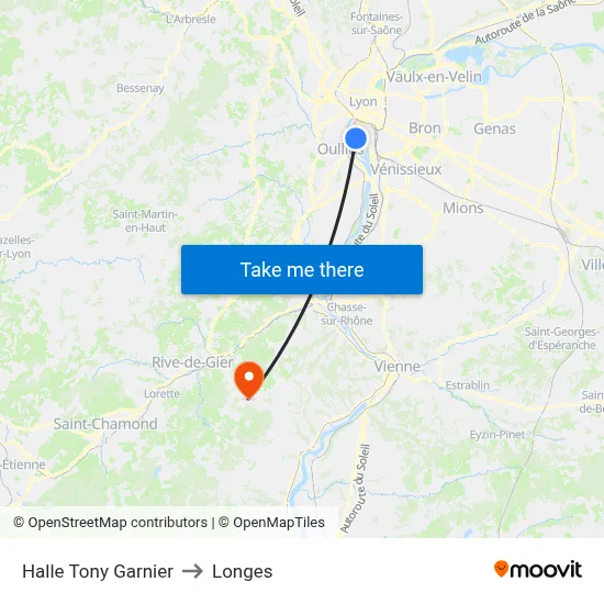 Halle Tony Garnier to Longes map