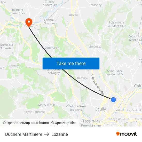 Duchère Martinière to Lozanne map
