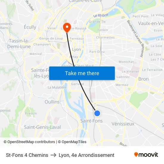 St-Fons 4 Chemins to Lyon, 4e Arrondissement map
