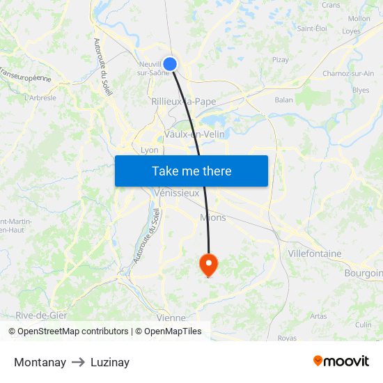 Montanay to Luzinay map