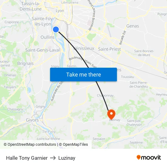 Halle Tony Garnier to Luzinay map