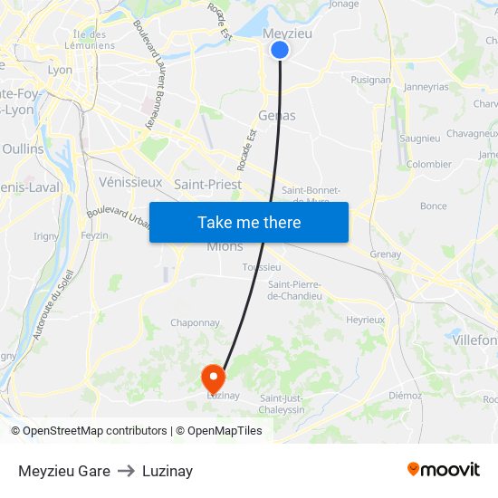 Meyzieu Gare to Luzinay map