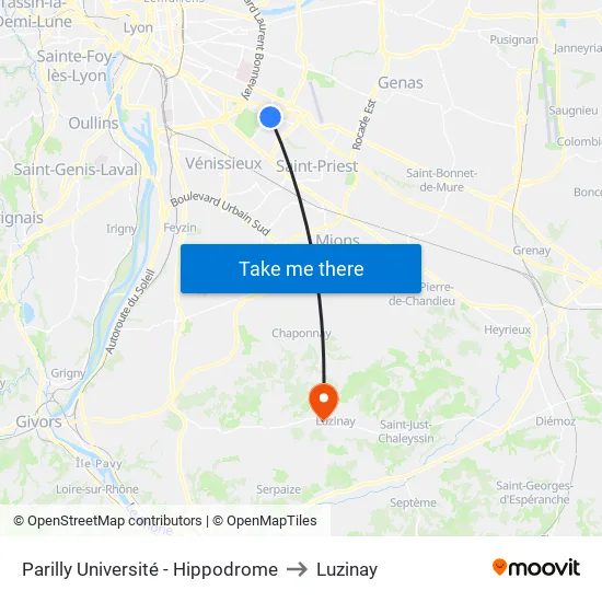 Parilly Université - Hippodrome to Luzinay map