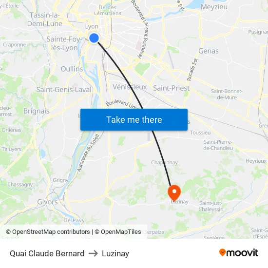 Quai Claude Bernard to Luzinay map