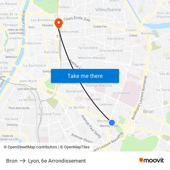 Bron to Lyon, 6e Arrondissement map