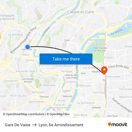 Gare De Vaise to Lyon, 6e Arrondissement map