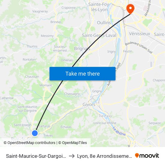 Saint-Maurice-Sur-Dargoire to Lyon, 8e Arrondissement map