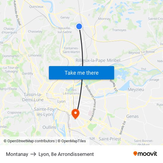 Montanay to Lyon, 8e Arrondissement map
