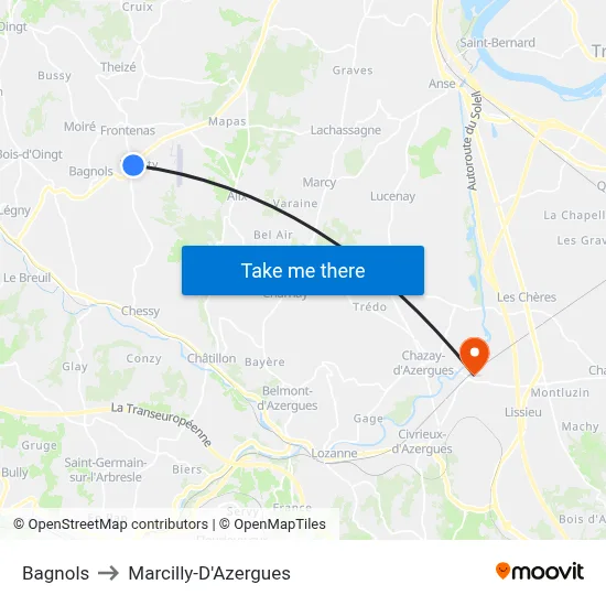 Bagnols to Marcilly-D'Azergues map