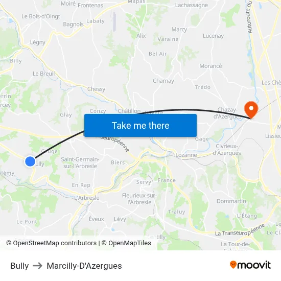 Bully to Marcilly-D'Azergues map