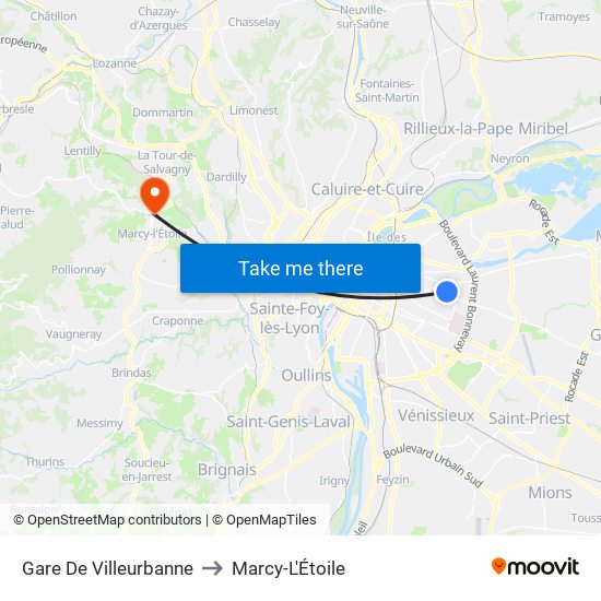Gare De Villeurbanne to Marcy-L'Étoile map