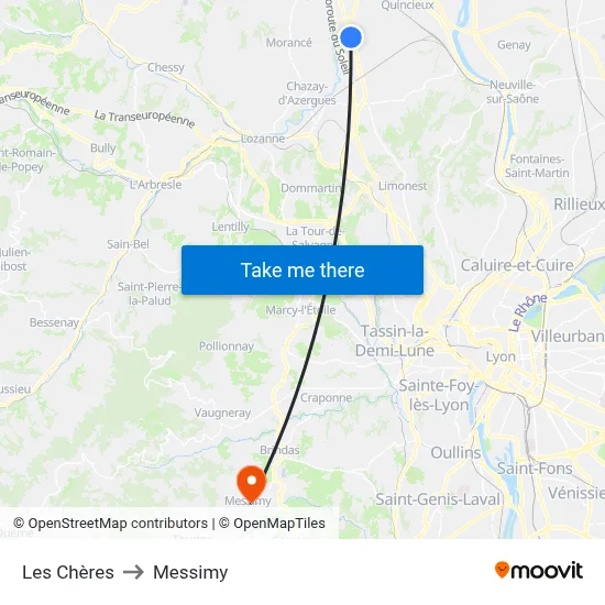 Les Chères to Messimy map