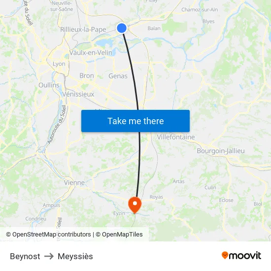 Beynost to Meyssiès map
