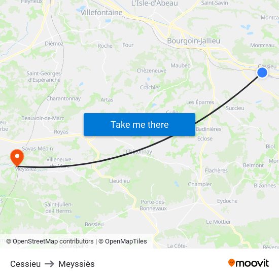 Cessieu to Meyssiès map