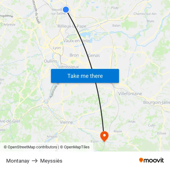 Montanay to Meyssiès map