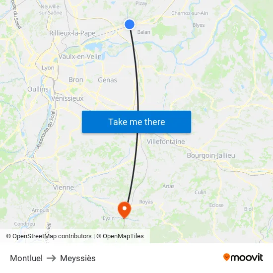 Montluel to Meyssiès map