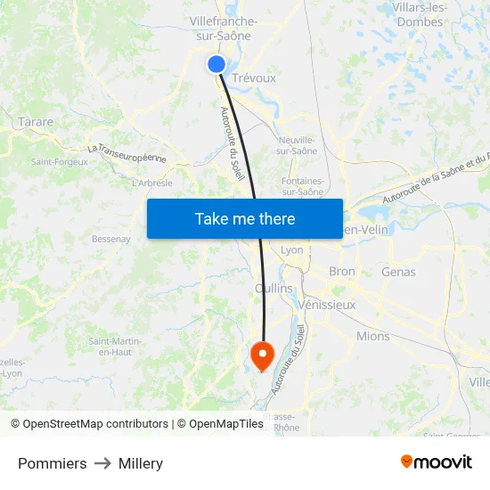 Pommiers to Millery map