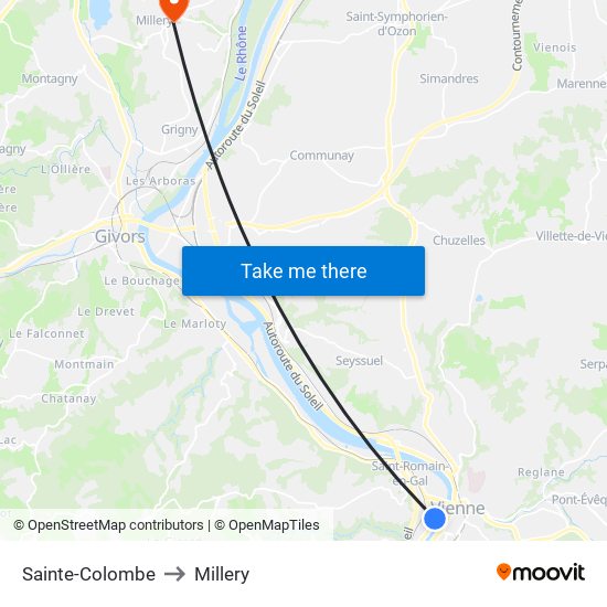 Sainte-Colombe to Millery map