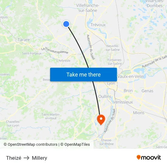 Theizé to Millery map