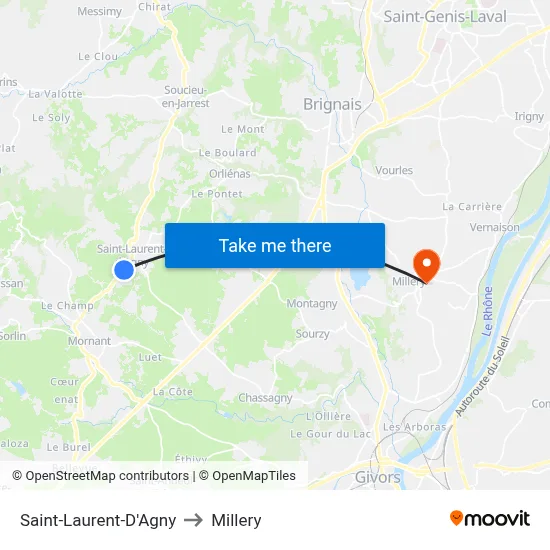 Saint-Laurent-D'Agny to Millery map