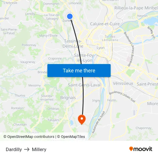 Dardilly to Millery map