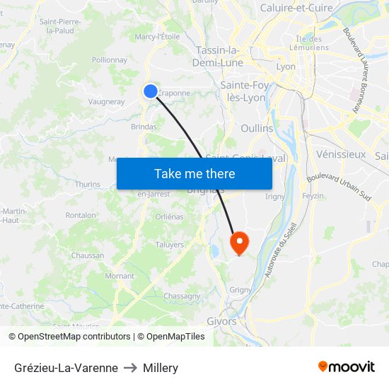 Grézieu-La-Varenne to Millery map