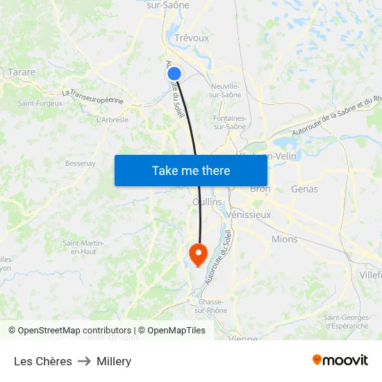 Les Chères to Millery map