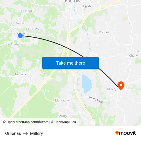 Orliénas to Millery map