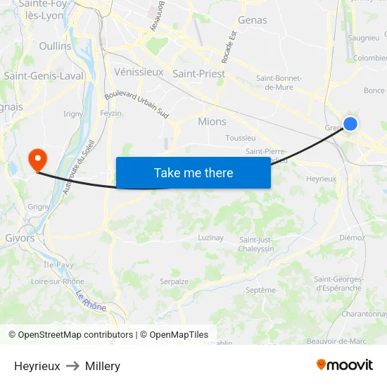 Heyrieux to Millery map