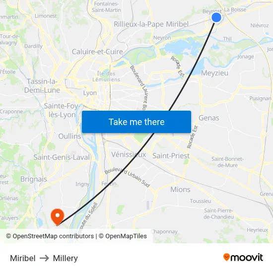 Miribel to Millery map