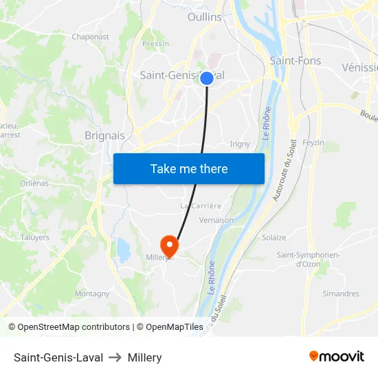 Saint-Genis-Laval to Millery map