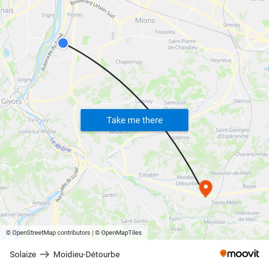 Solaize to Moidieu-Détourbe map