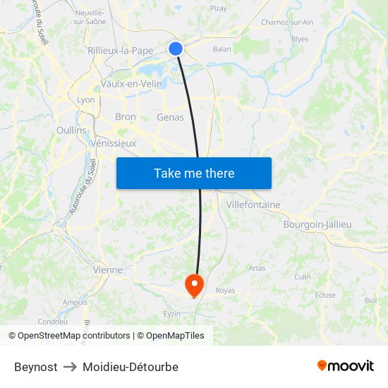 Beynost to Moidieu-Détourbe map