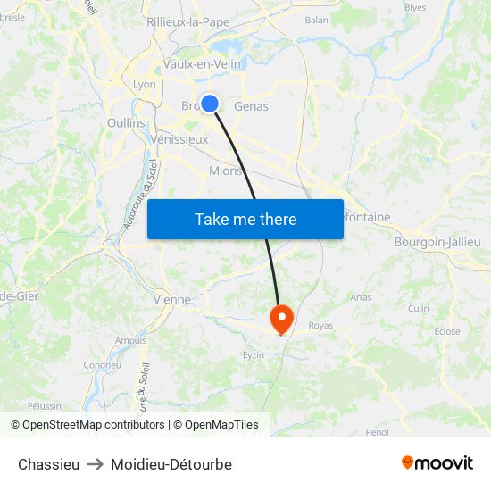 Chassieu to Moidieu-Détourbe map