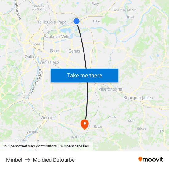 Miribel to Moidieu-Détourbe map