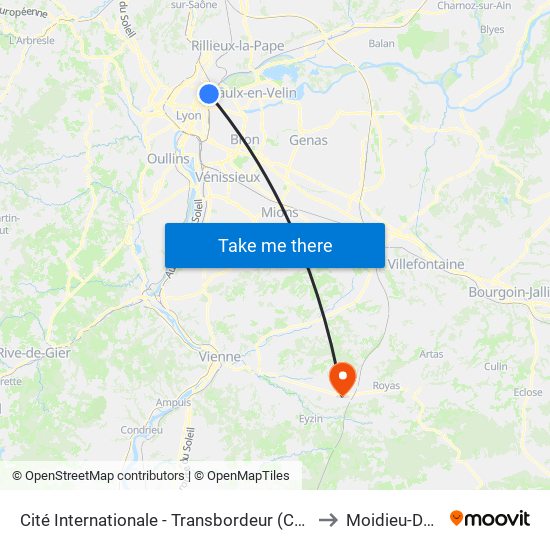 Cité Internationale - Transbordeur (Centre De Congrès) to Moidieu-Détourbe map