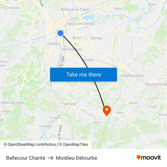 Bellecour Charité to Moidieu-Détourbe map