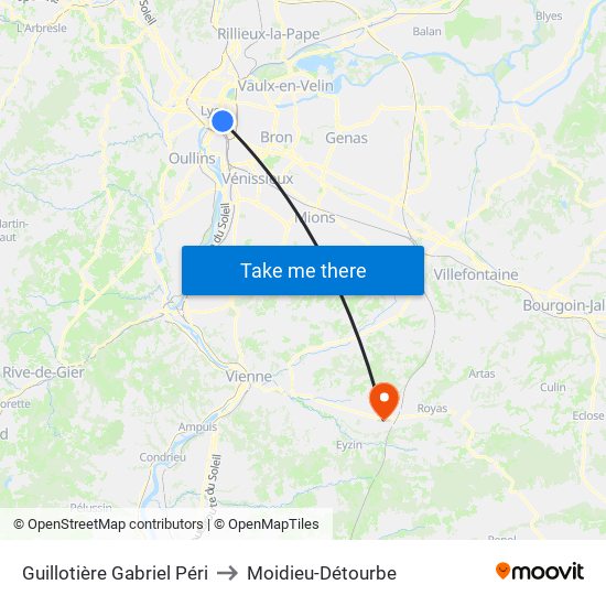 Guillotière Gabriel Péri to Moidieu-Détourbe map