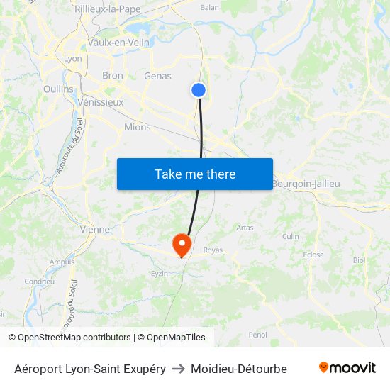 Aéroport Lyon-Saint Exupéry to Moidieu-Détourbe map