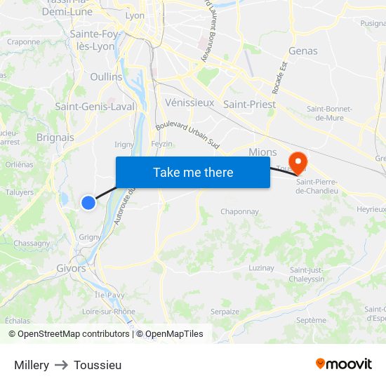 Millery to Toussieu map