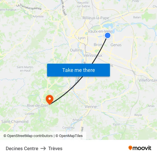 Decines Centre to Trèves map