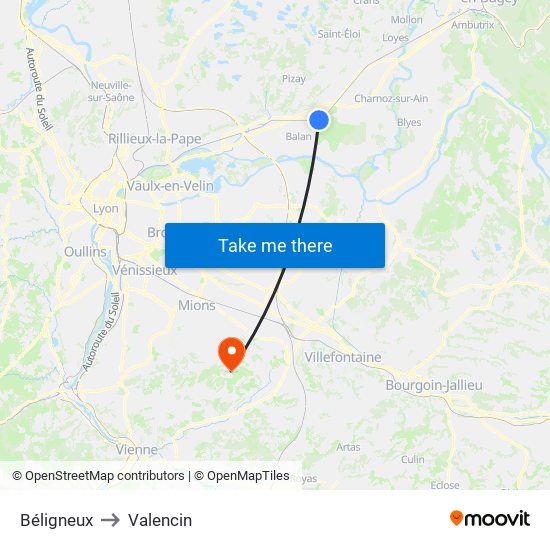 Béligneux to Valencin map