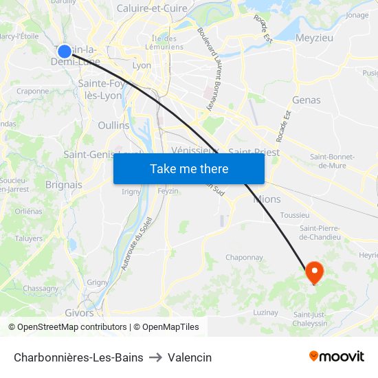 Charbonnières-Les-Bains to Valencin map